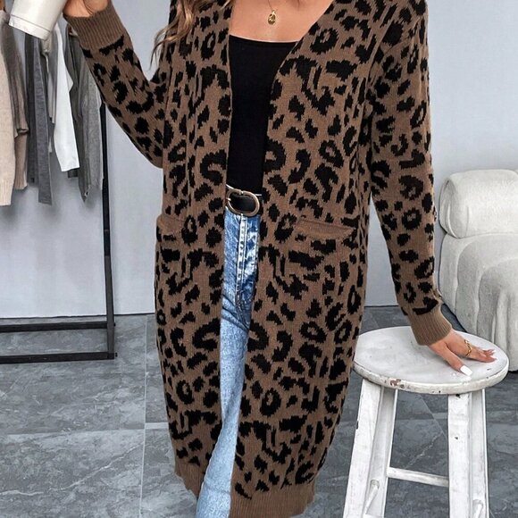 Brown Casual Women's Long Sleeve Leopard Print Long Cardigan Sweater - Picture 4 of 6